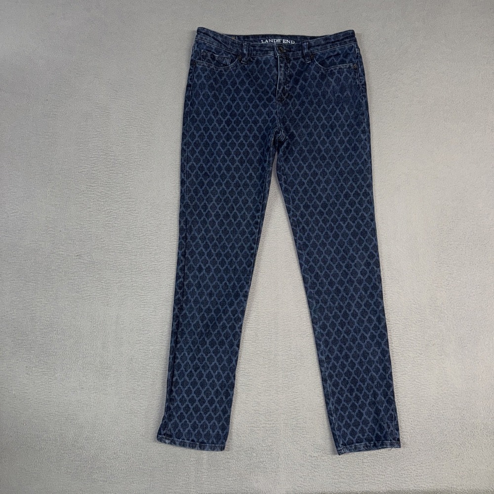 Lands End Jeans Womens 8 Slim Leg Straight Geometric Stretch Denim Cotton Blend